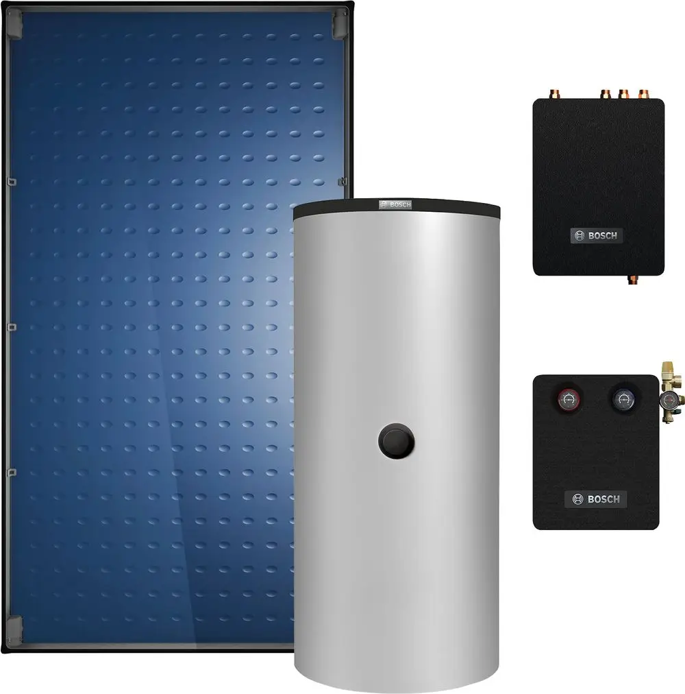 Solarthermie-Kollektor mit einem runden, silbernen Wärmespeicher und zwei Zubehörteilen, alle mit dem Logo der Marke Bosch. Der Kollektor hat eine wellenförmige Oberfläche.